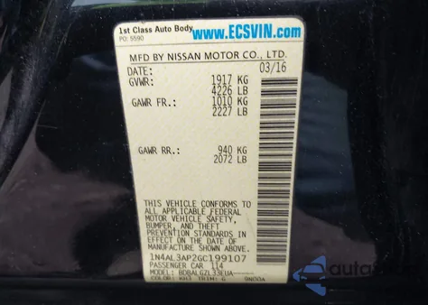 2016 Nissan Altima 2.5/2.5 S/2.5 Sl/2.5 Sr/2.5 Sv z USA, uszkodzony, nr VIN 1N4AL3AP2GC199107